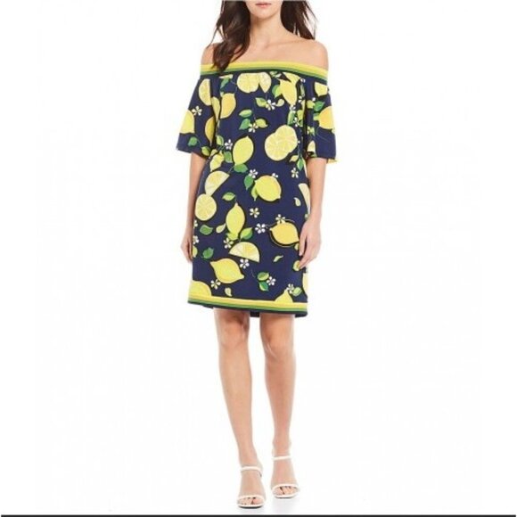 💕TRINA TURK Lemon-Print Off-Shoulder Shift Dress - Picture 5 of 8